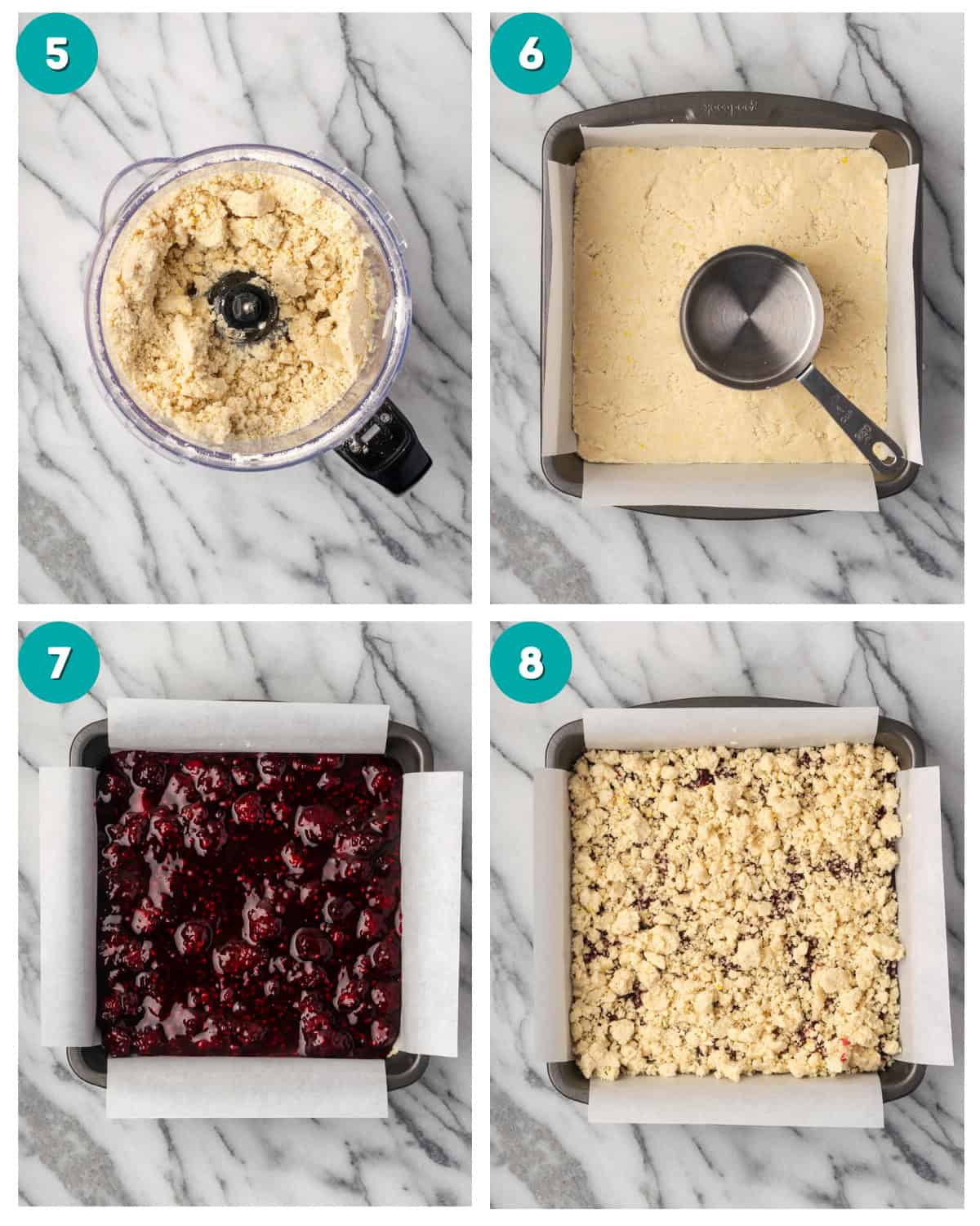A collage of four photos showing the crumble shortbread dough in a food processor, then being pressed into a square baking pan and topped with blackberry filling and crumble topping. 