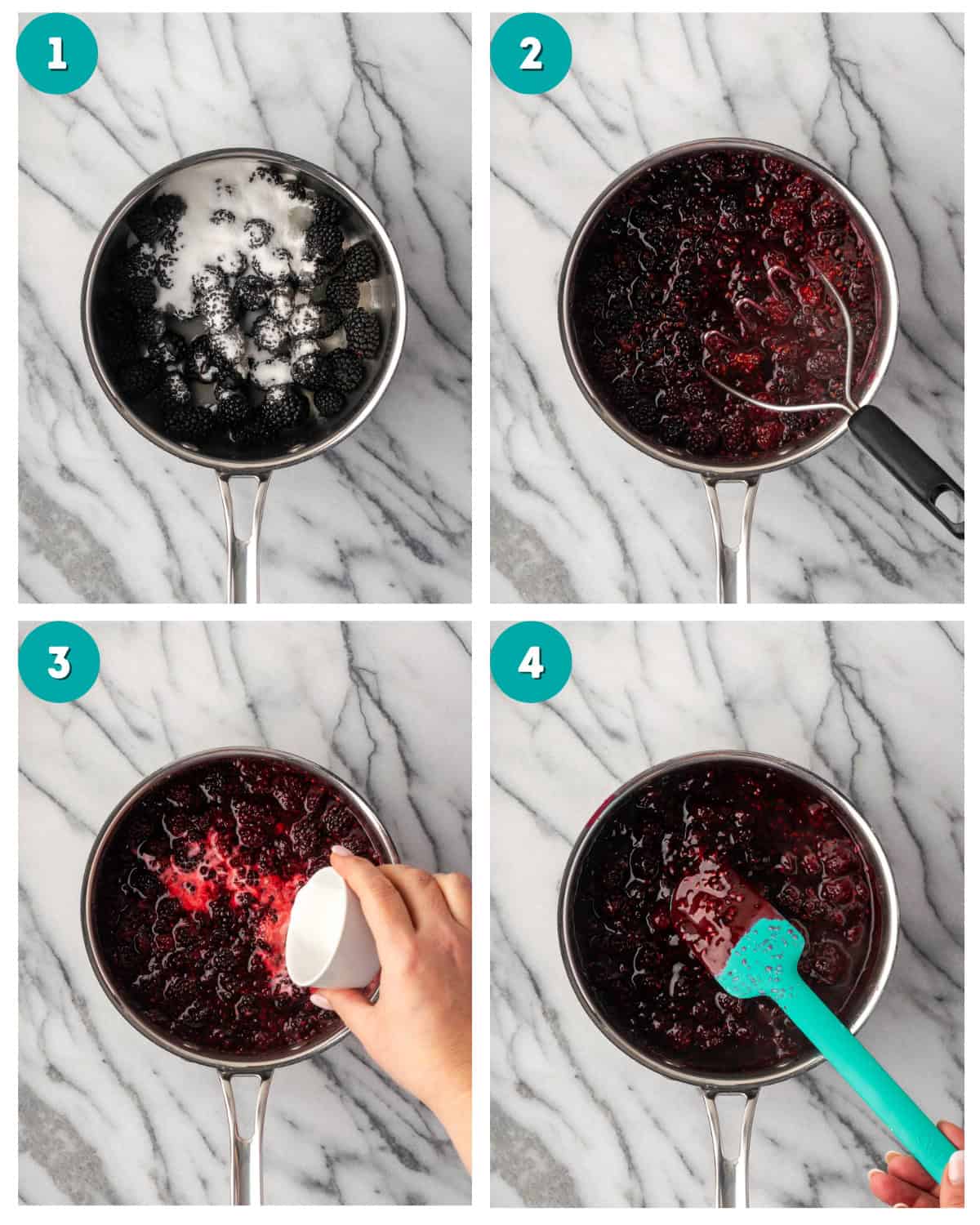 A four photo collage showing blackberries and sugar being cooked down and thickened with cornstarch until it reaches a jam consistency.