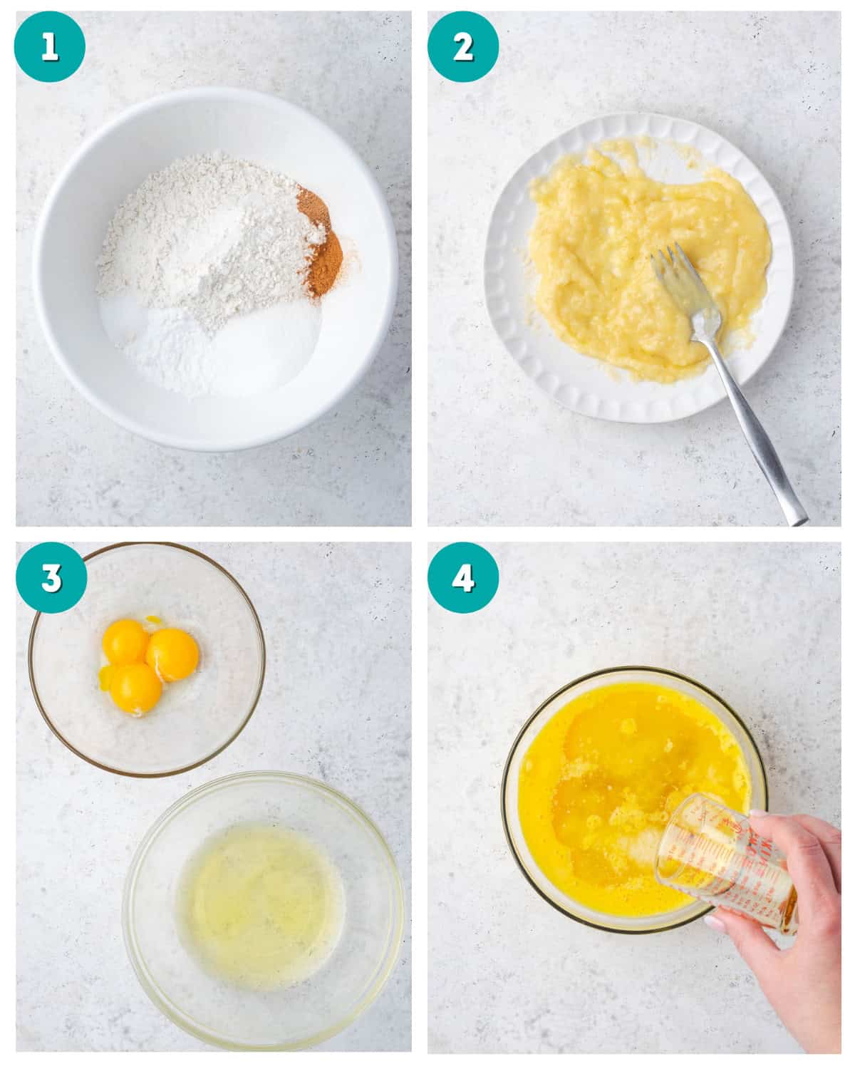 A collage of photos showing all of the dry ingredients combined in one large bowl, a banana being mashed on a plate, three egg yolks and whites separated into two bowls, and the wet ingredients being combined in one small bowl.