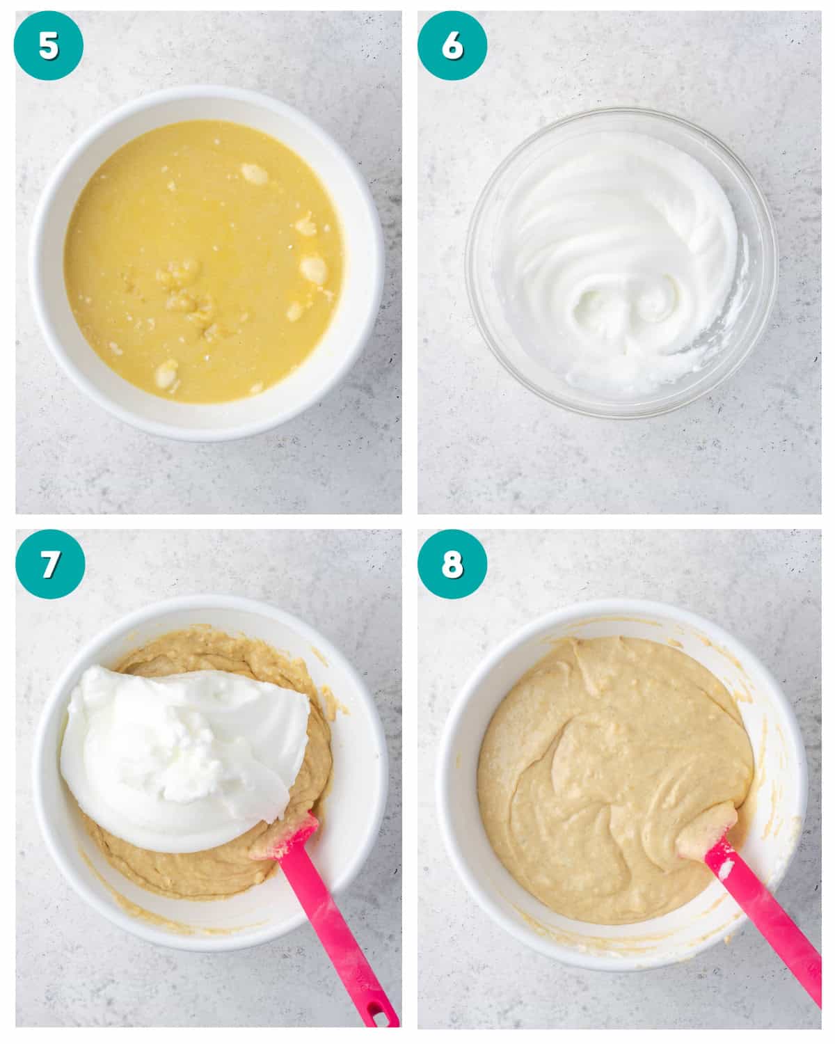 A collage of four photos showing the wet ingredients being combined with the dry ingredients, the egg whites being beaten to soft peaks and folded into the waffle batter and a bowl of waffle batter resting on the counter.