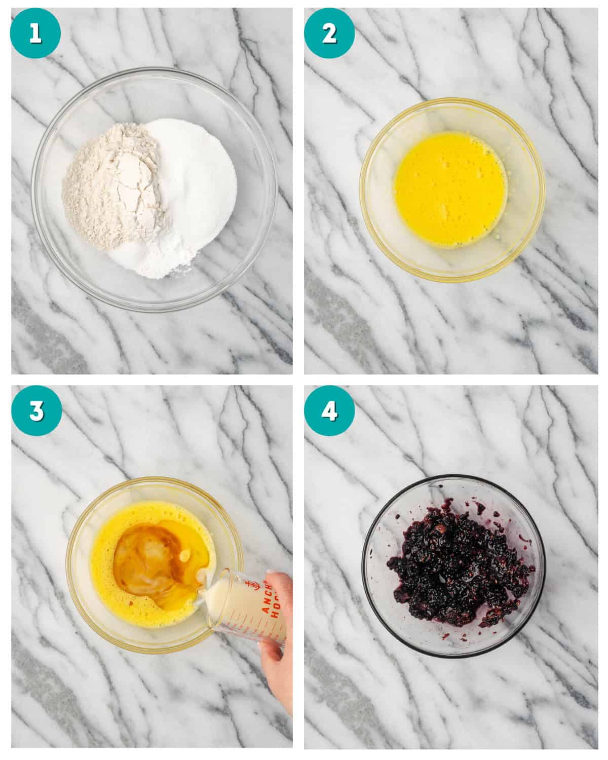 A collage of four photos showing the dry ingredients being mixed in one bowl and wet ingredients mixed in a second bowl along with the blackberries partially mashed.