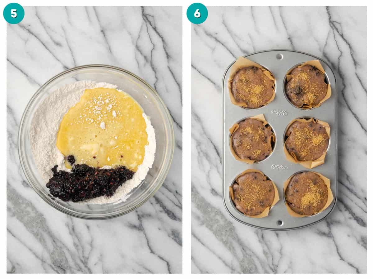 A collage of two photos showing the wet and dry ingredients being combined and the blackberry muffin batter portioned into a muffin tin. 