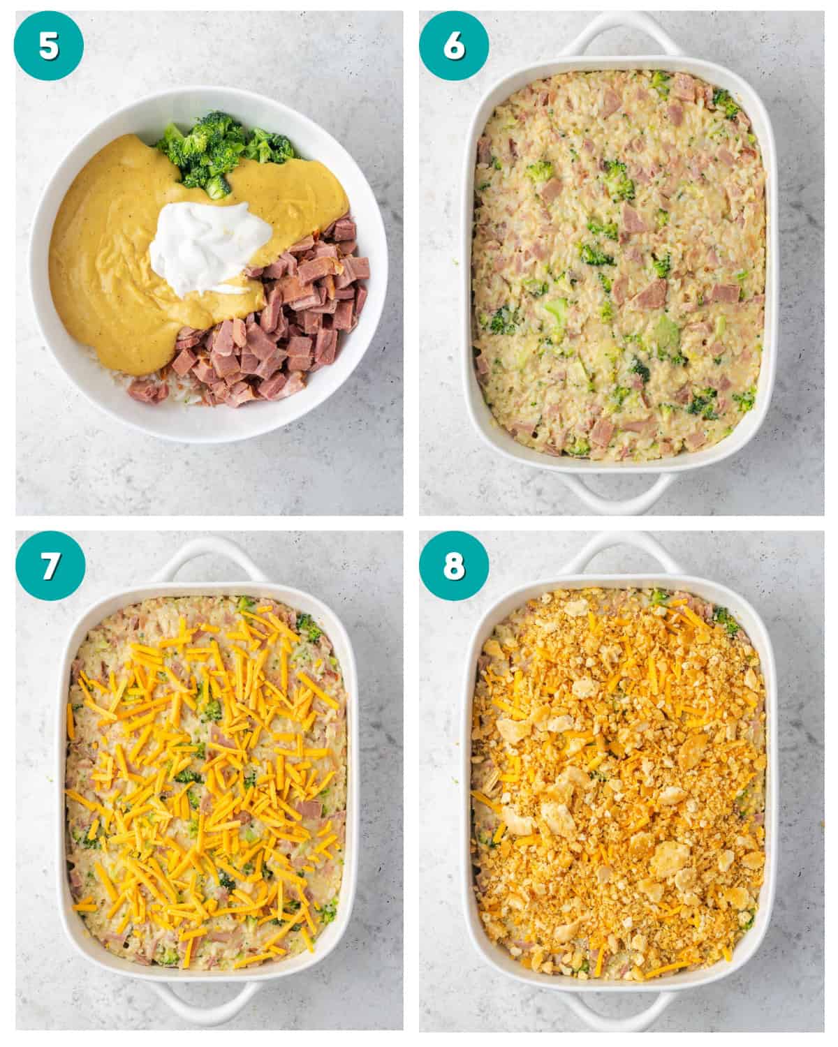 Four step by step photos showing all of the casserole ingredients being stirred together in a bowl, then spread into a casserole dish and topped with shredded cheese and cracker crumbs. 