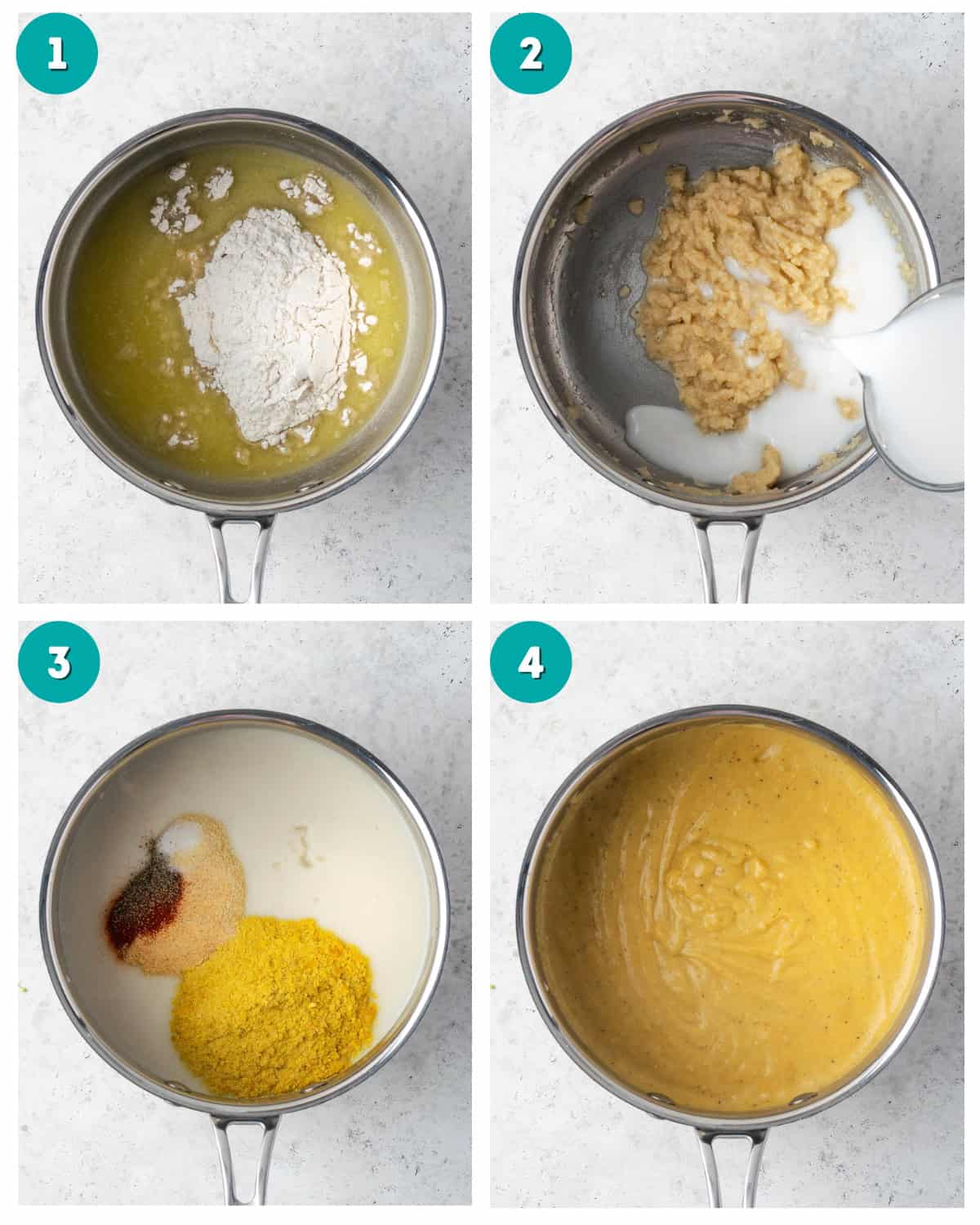 Four step by step photos showing a roux being made and dairy free milk being added, then the nutritional yeast and seasoning being stirred into to create a thick cheese sauce. 