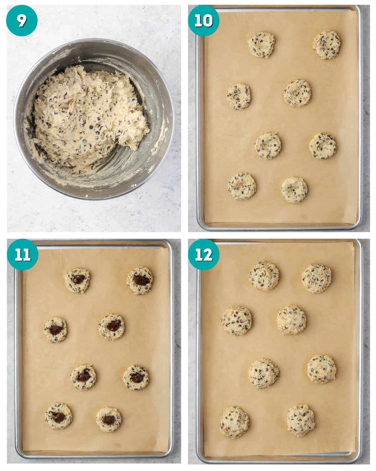A collage of four photos showing the prepared cookie dough in a mixing bowl and the process of stuffing the Nutella inside the cookie dough. 