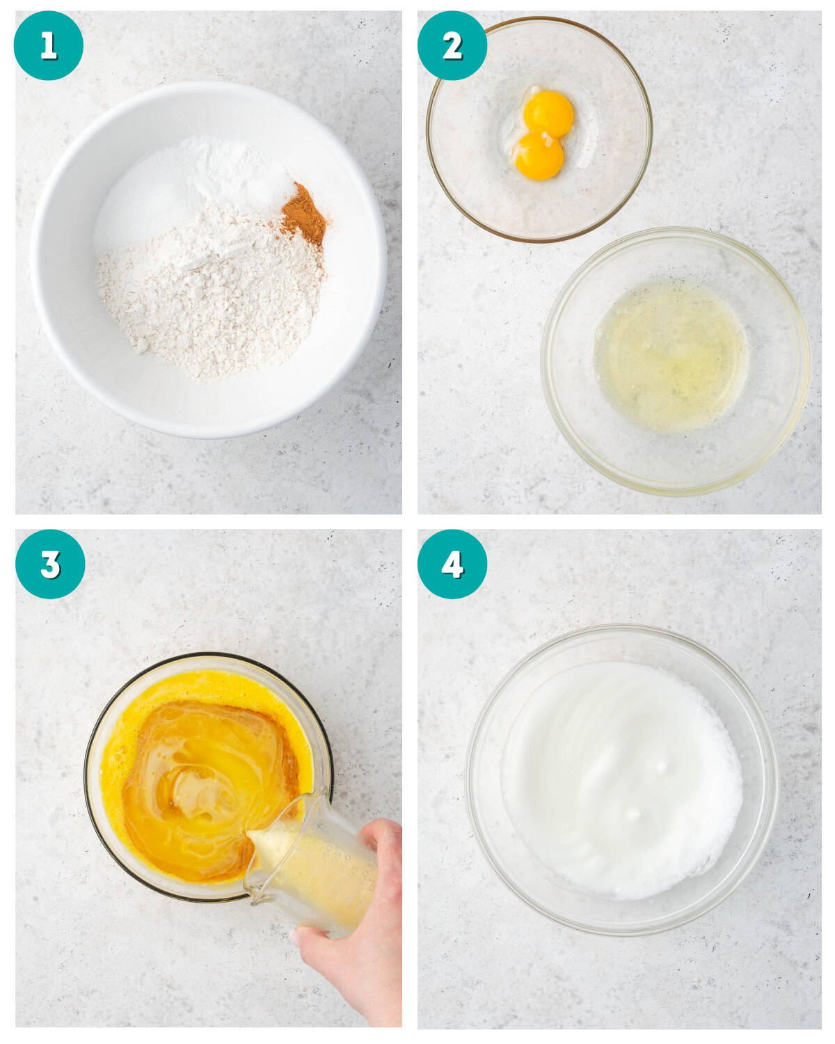 A collage of four photos showing the dry ingredients mixed in a large bowl, eggs separated into two bowls, wet ingredients combined with the egg yolks and egg whites beaten to soft peak stage.