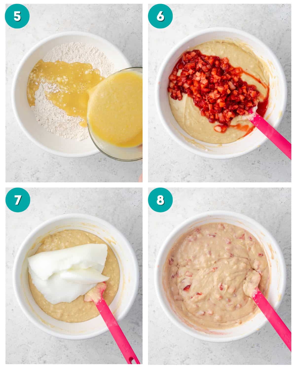 A collage of four step by step photos showing the wet ingredients being mixed into the dry ingredients, the strawberries being mixed in to the batter, and the egg whites being folded in to the waffle batter.