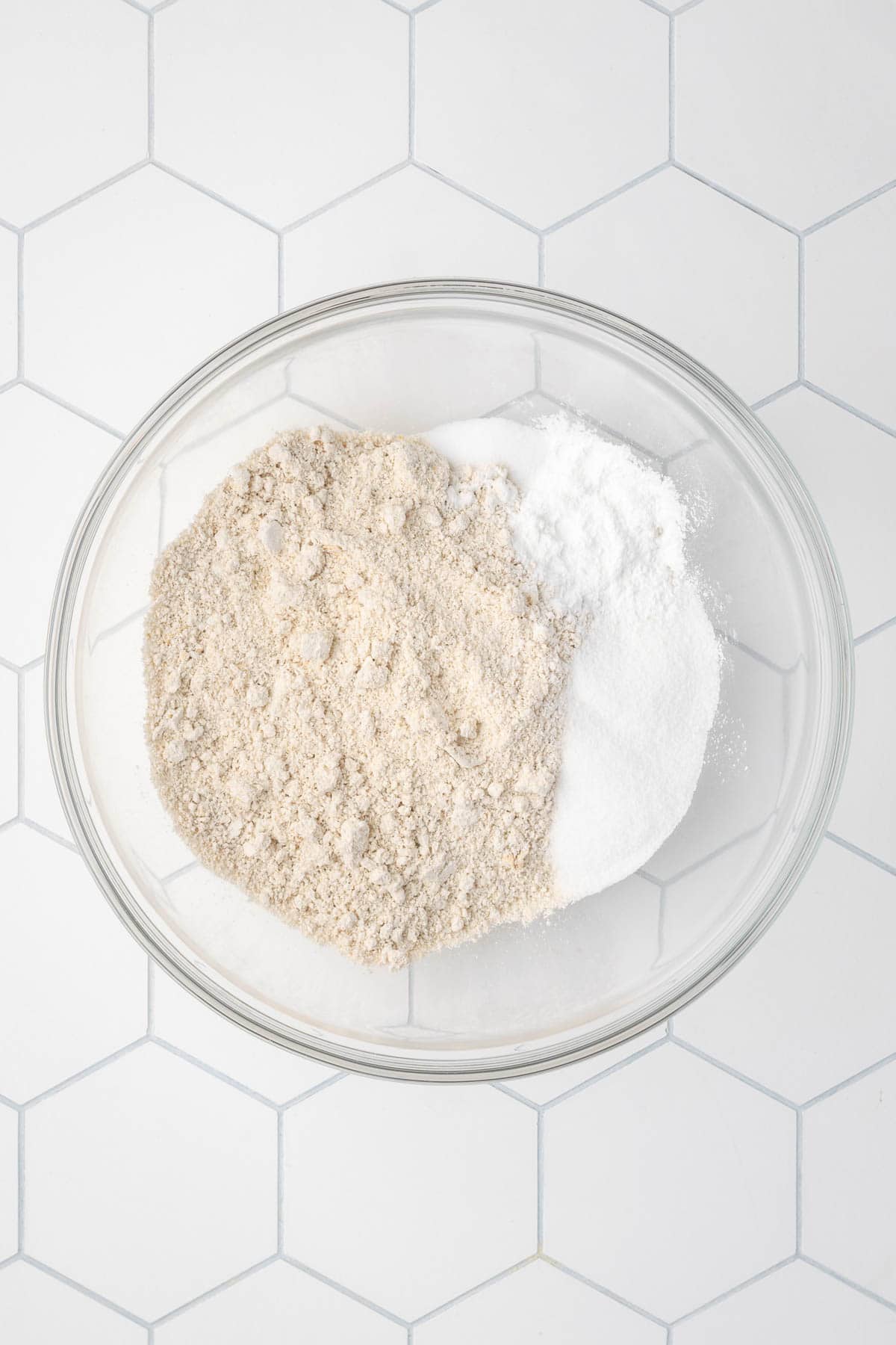 Oat flour, sugar, baking powder and salt in a large mixing bowl. 