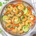 Cilantro lime shrimp served in a large skillet with slices of fresh lime.