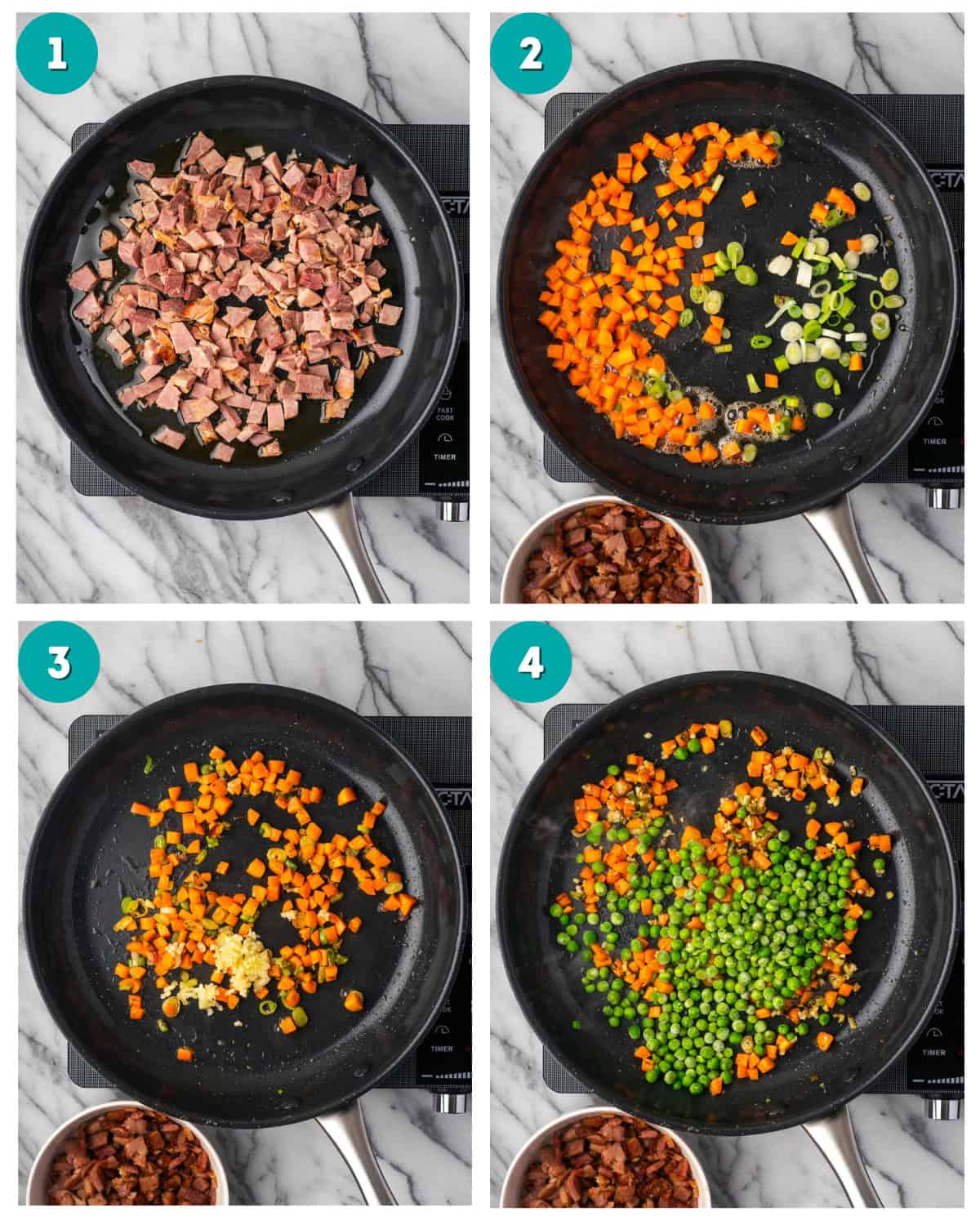A collage of four photos showing ham fried rice being prepared in a large skillet. 