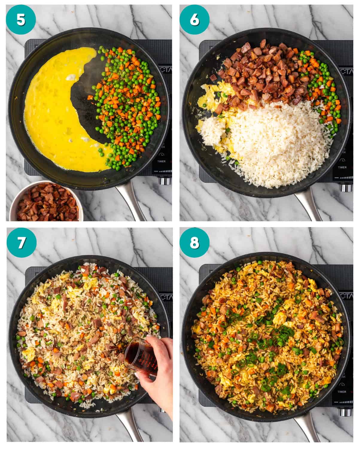 A collage of four photos showing ham fried rice being cooked in a large skillet. 