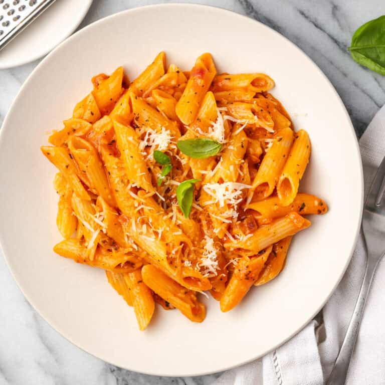 Gluten free penne pasta covered in a creamy tomato sauce.