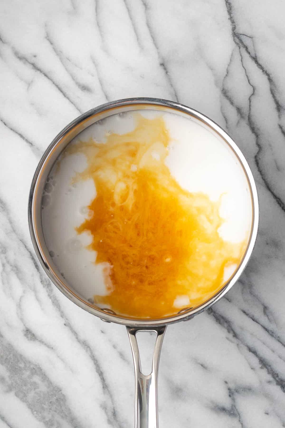 Milk, sugar, vanilla and salt in a medium saucepan. 