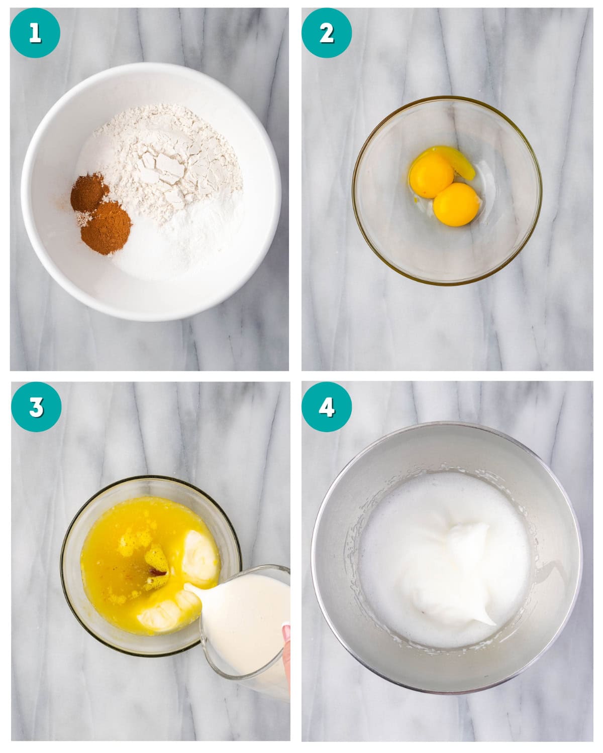 Step by step photos showing the dry ingredients in a large bowl, egg yolks in a small bowl, wet ingredients being mixed with the egg yolks, and beaten egg whites in a metal bowl. 