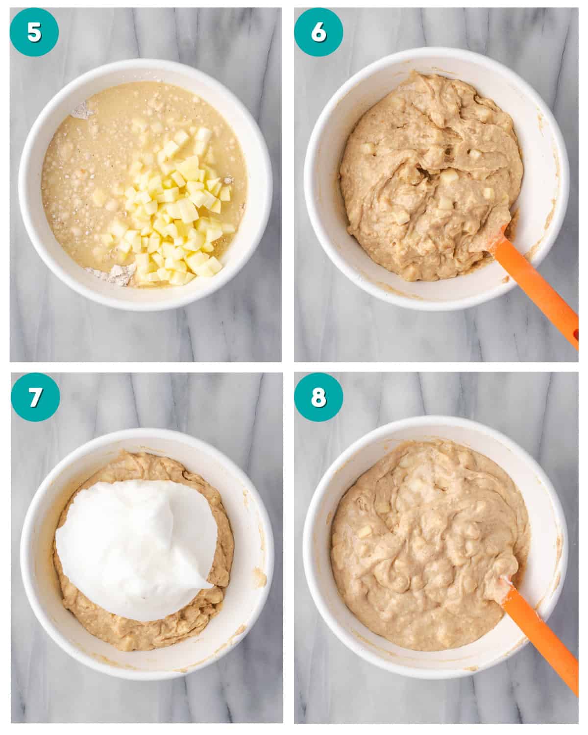 Step by step photos showing the wet and dry ingredients being combined together and the beaten egg whites folded into the waffle batter.