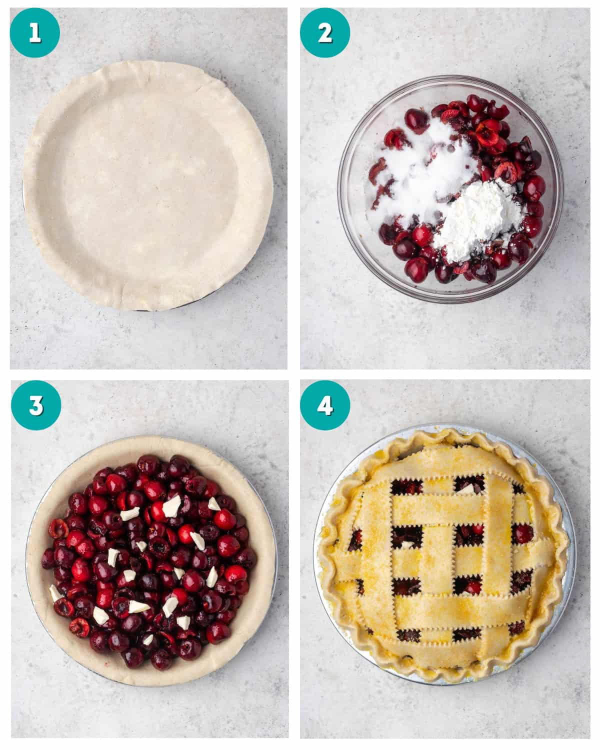 Step by step instructions showing a pie shell, cherry pie filling in a bowl and an unbaked gluten free cherry pie on a counter.