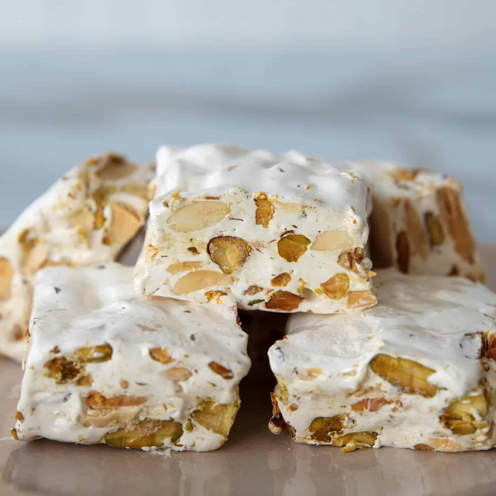 Torrone stacked on a counter.