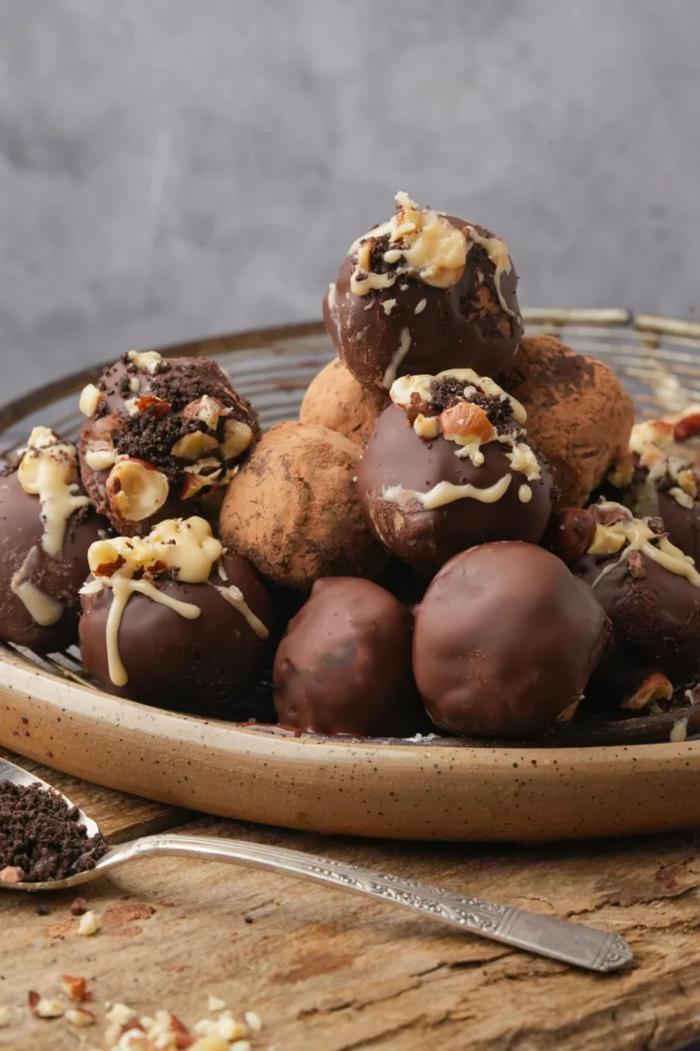 Several hazelnut truffles stacked on a serving plate.