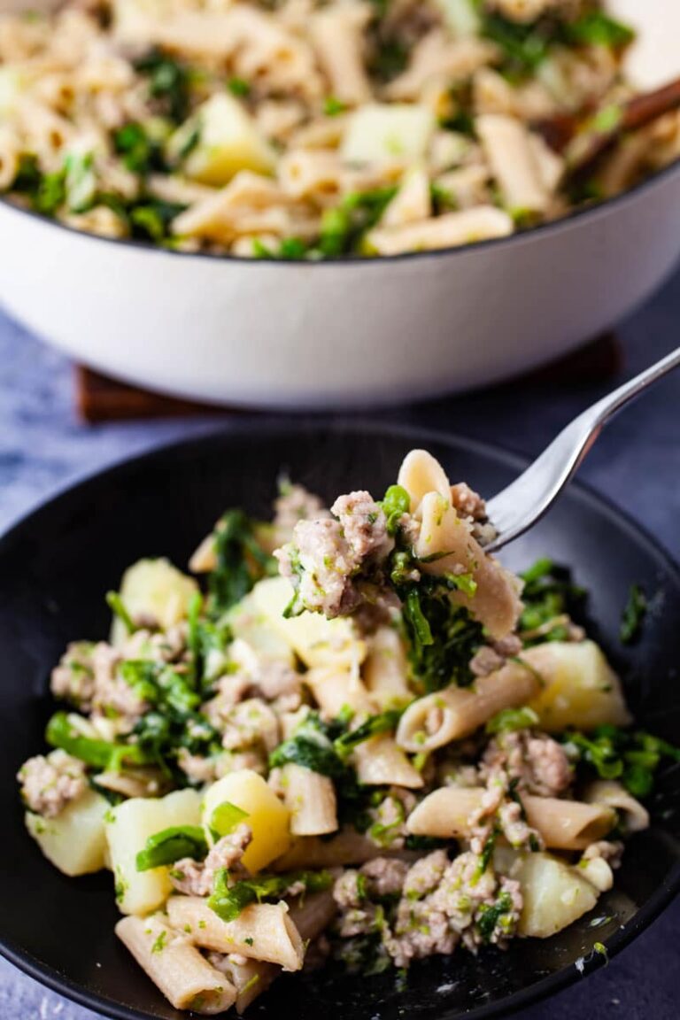 Gluten free penne with sausage, broccoli and potatoes. 