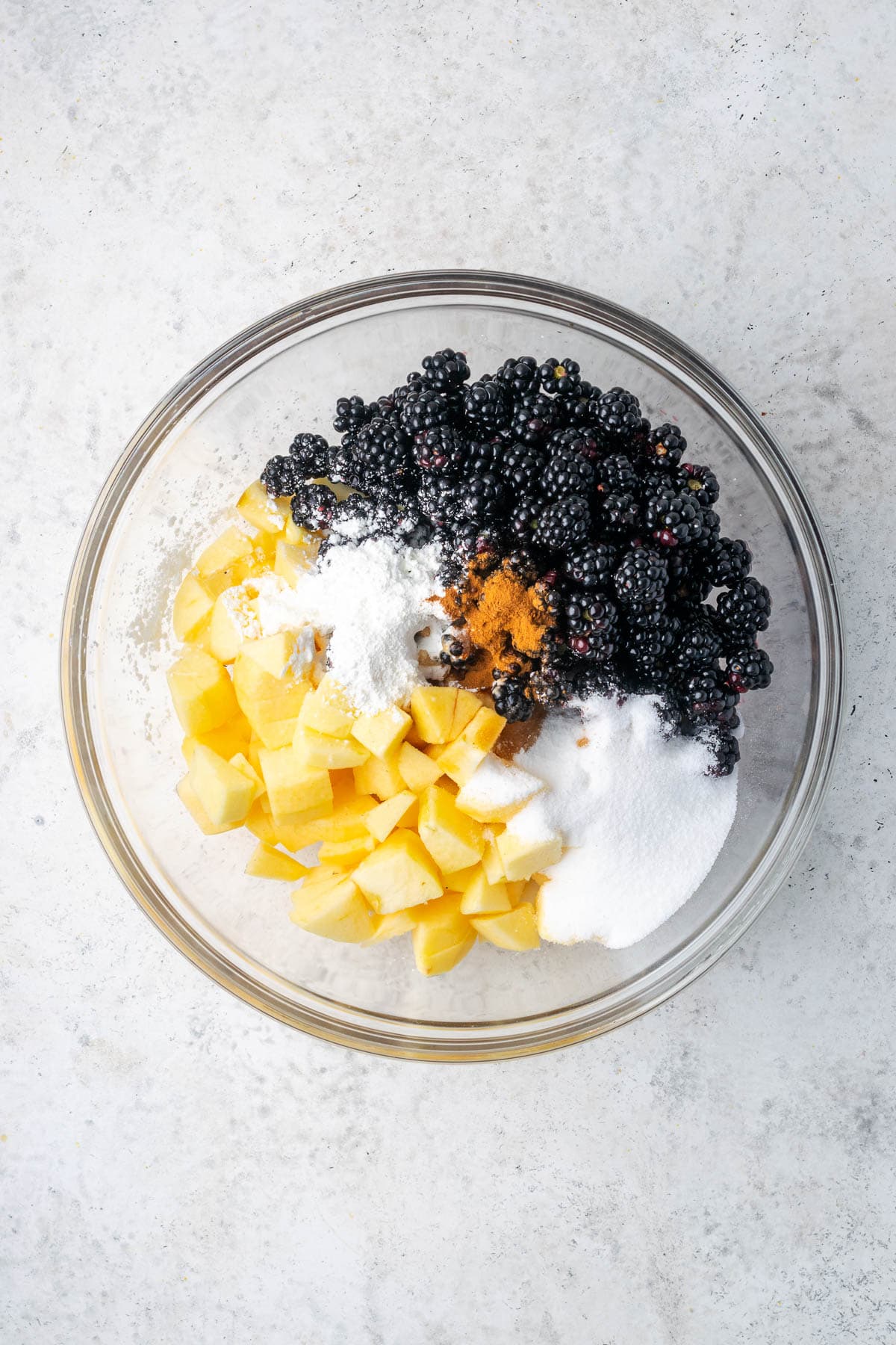 Blackberries, apples, sugar, cornstarch, lemon juice, vanilla extract, cinnamon and salt combined in a large mixing bowl.
