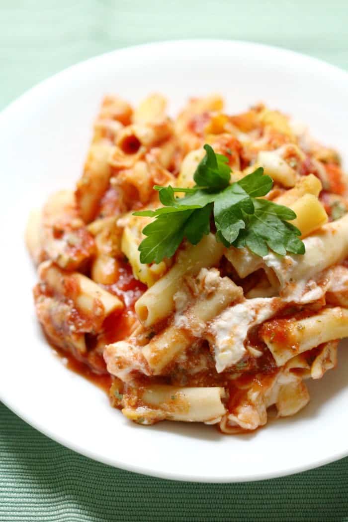 Baked ziti served in a small bowl. 