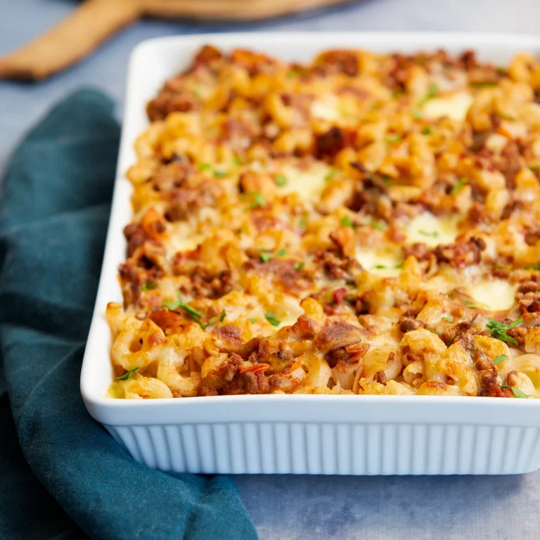 A casserole dish filled with a cheesy gluten free pasta bake. 