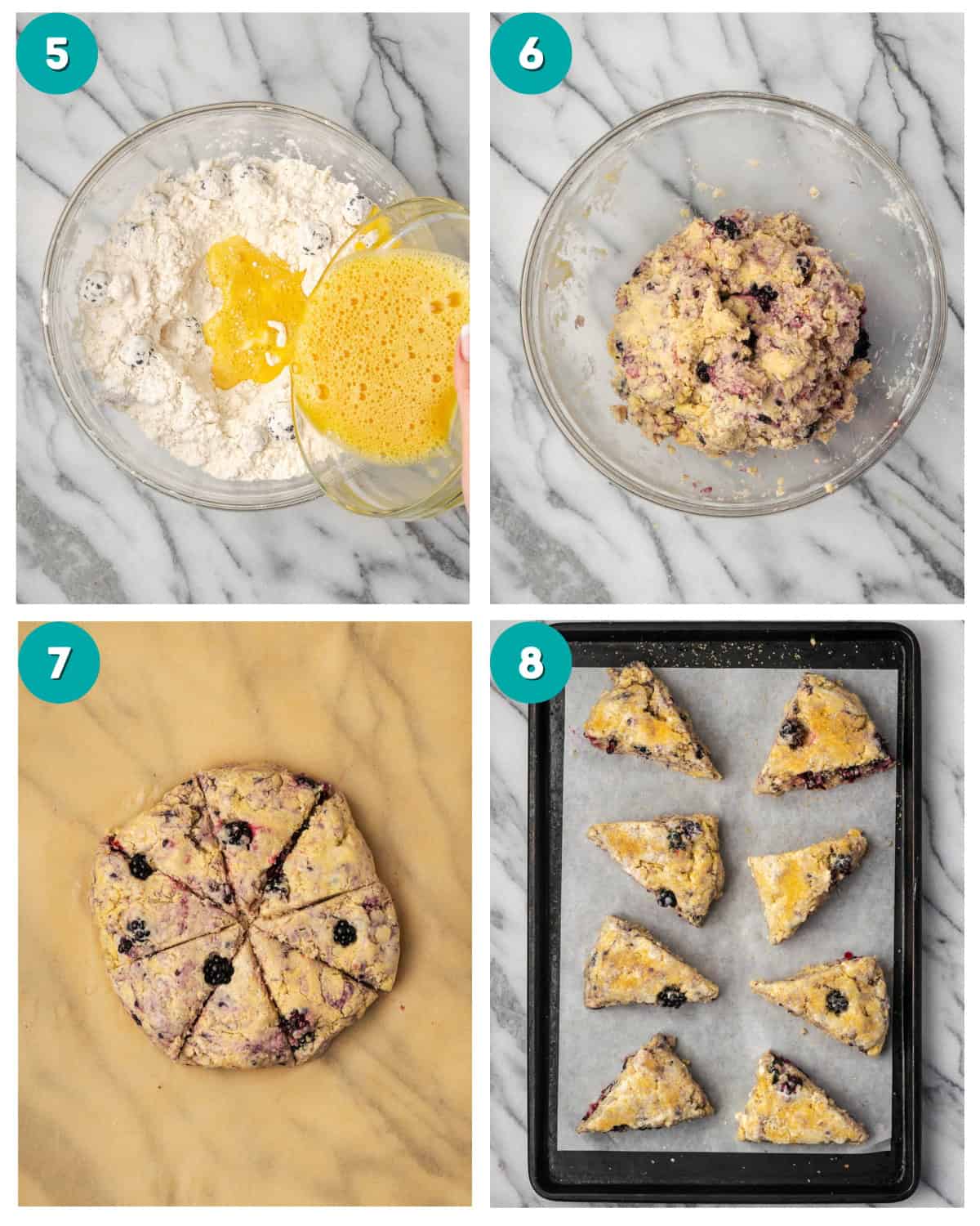 Step by step instructions showing the wet ingredients being added to the dry ingredients and the scone dough being formed into triangles.