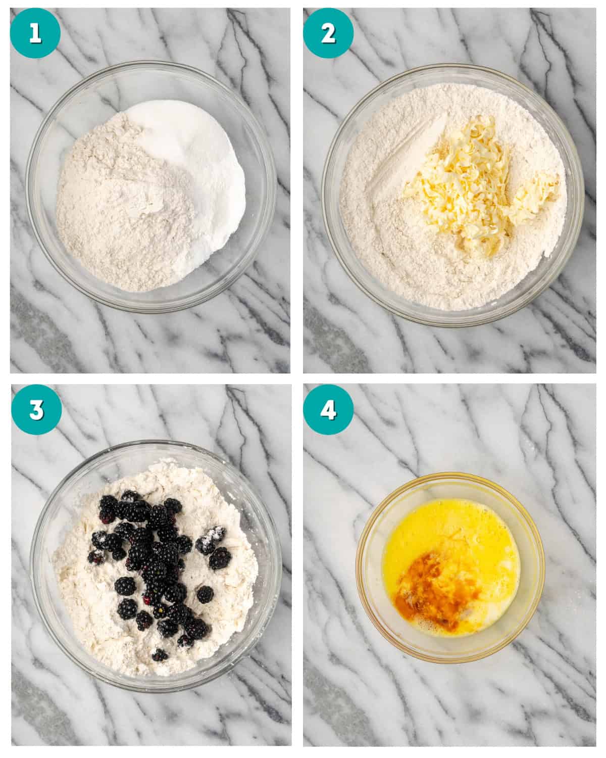 Step by step instructions for making blackberry scones showing the dry ingredients in a large bowl with grated butter added in followed by blackberries.