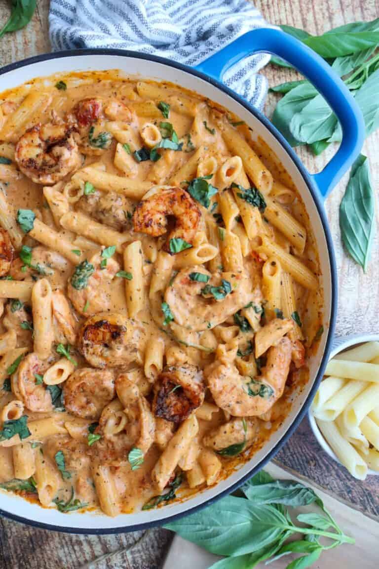 Shrimp and gluten free penne pasta in a creamy sun dried tomato sauce.