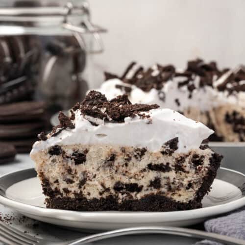 A slice of Oreo pie served on a small dessert plate.
