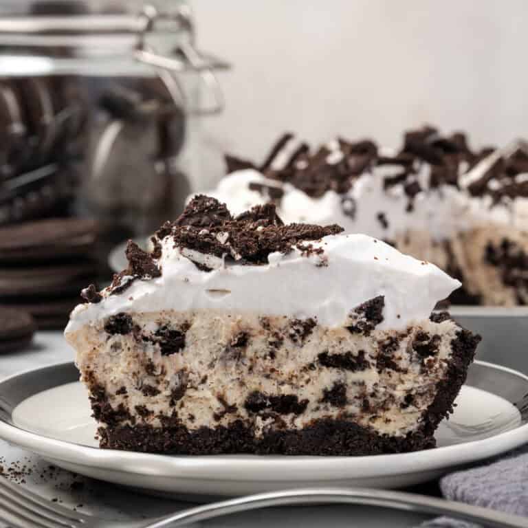 A slice of Oreo pie served on a small dessert plate.