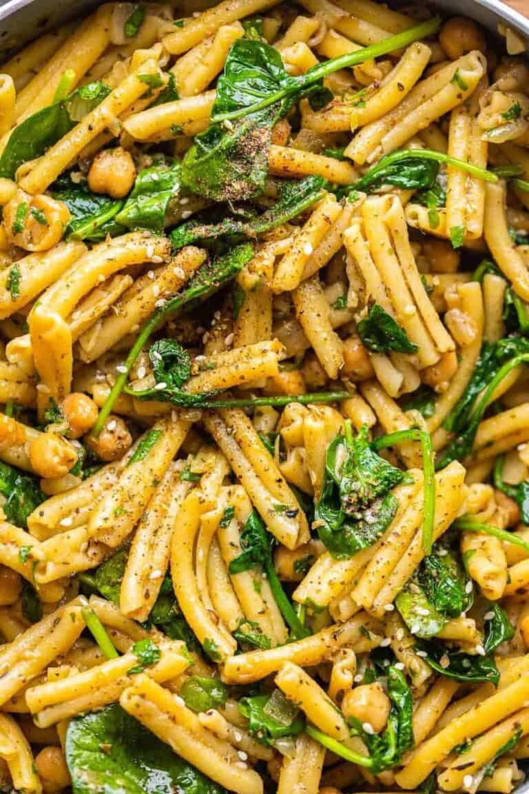 Small pieces of gluten free pasta coated with a za'atar sauce and served with spinach. 