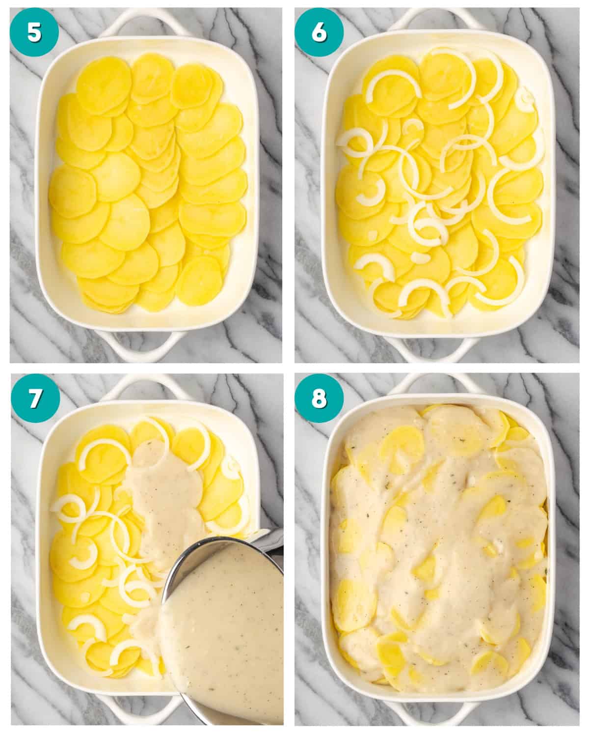 Step by step photos showing the layers of potatoes, onions and cream sauce in a casserole dish.