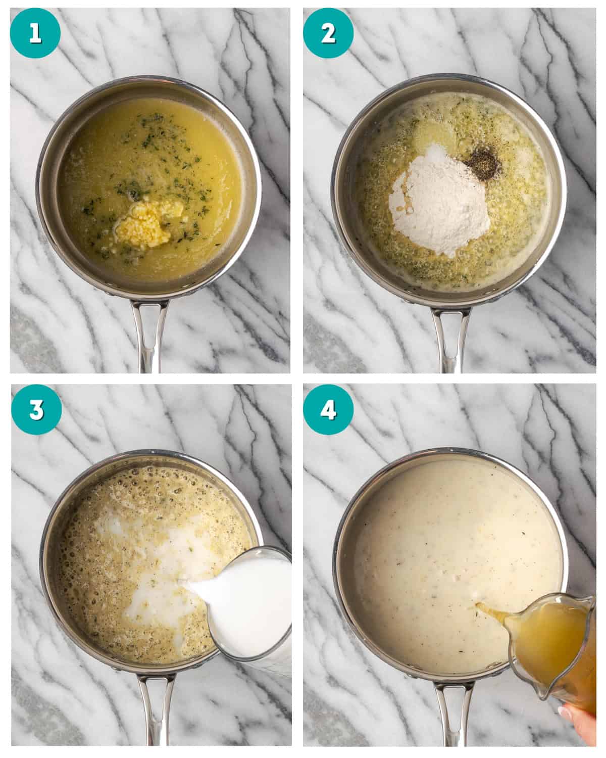 Step by step photos showing the preparation of a gluten free bechamel sauce for scalloped potatoes.