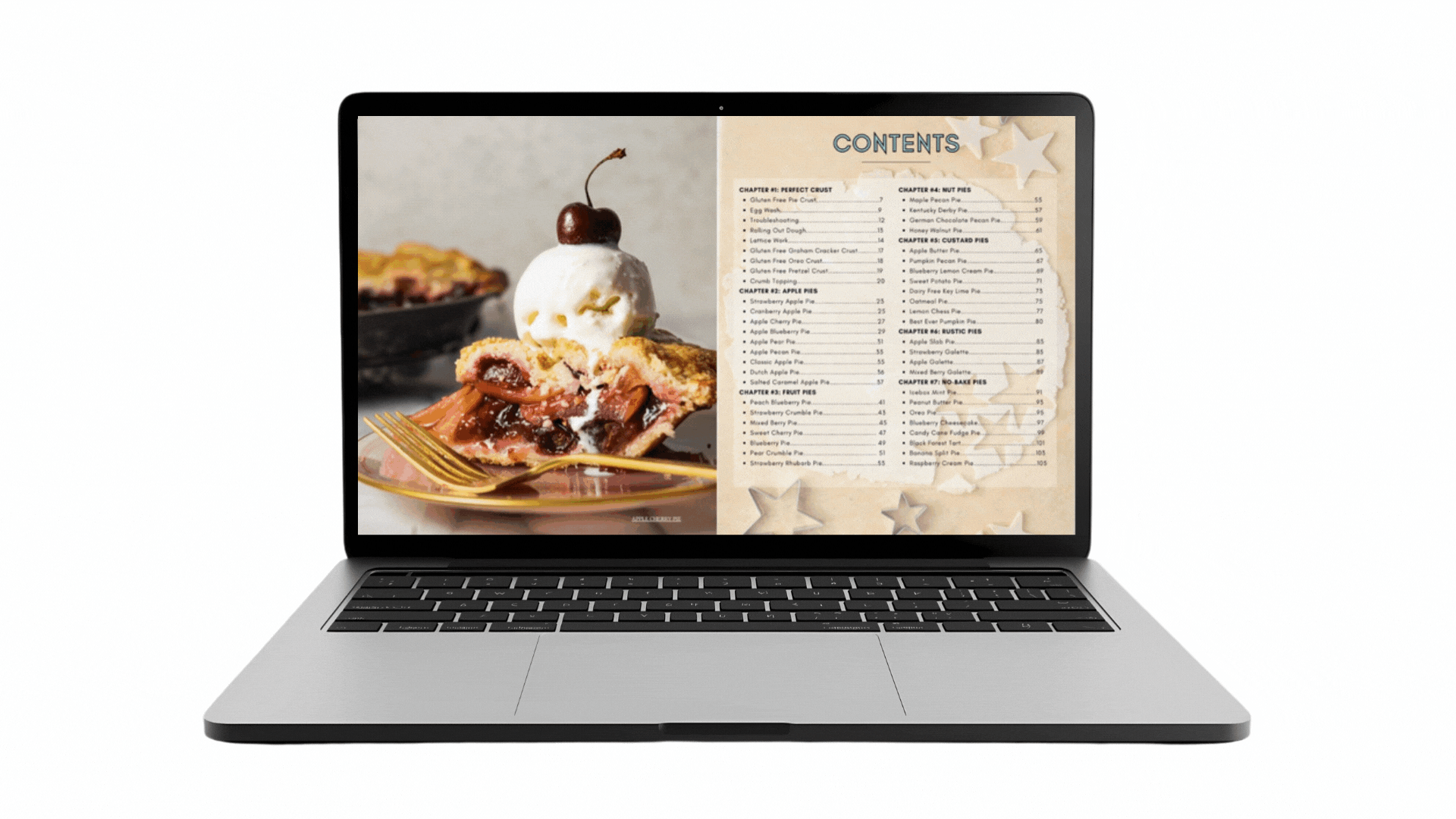 An animation showing several pages inside the pie cookbook.