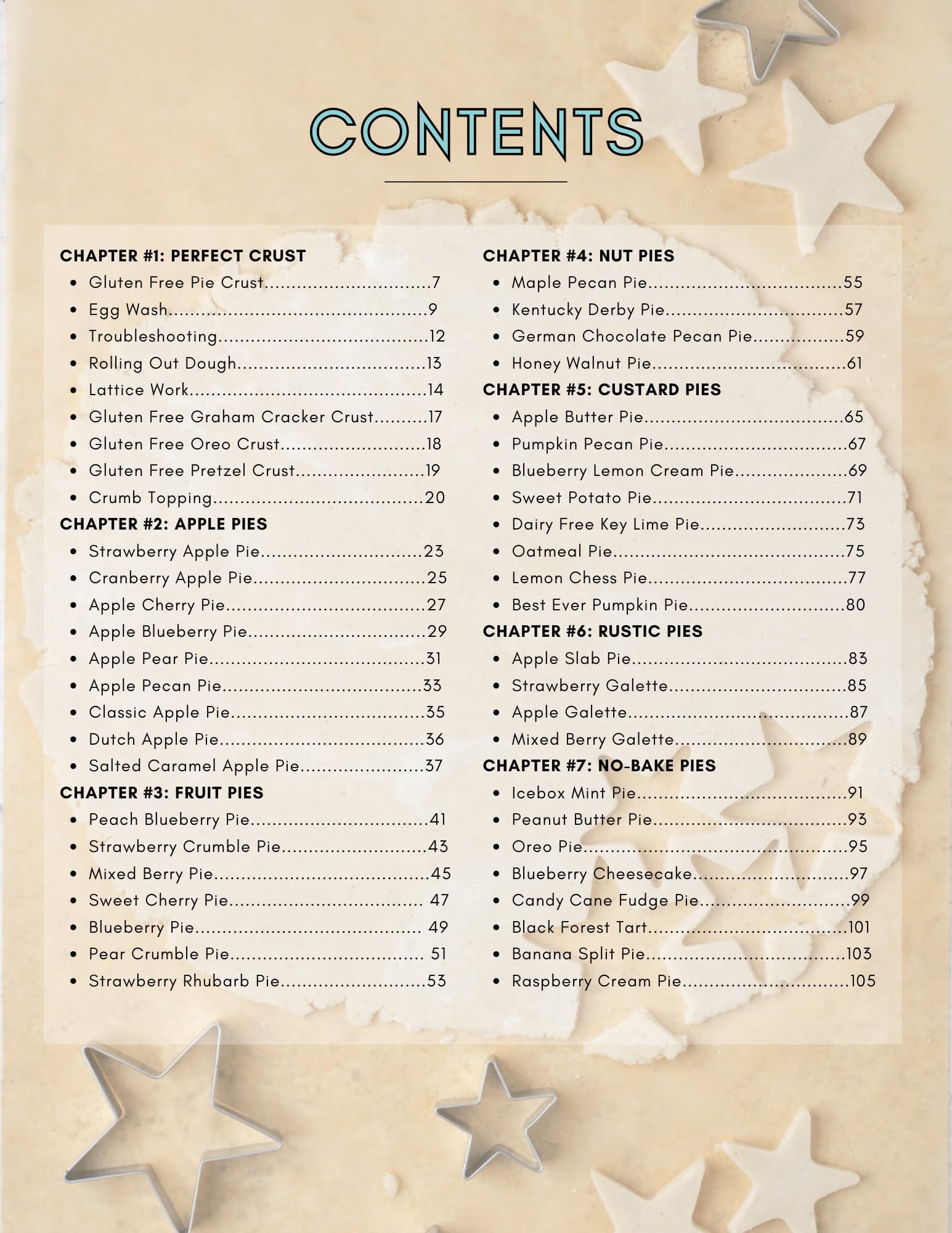 Table of Contents for Pie Cookbook.