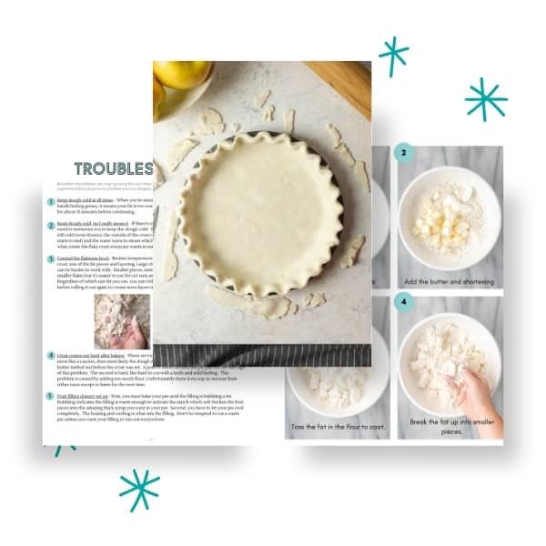 Several sample pages from inside the cookbook showing gluten free pie crust being made.