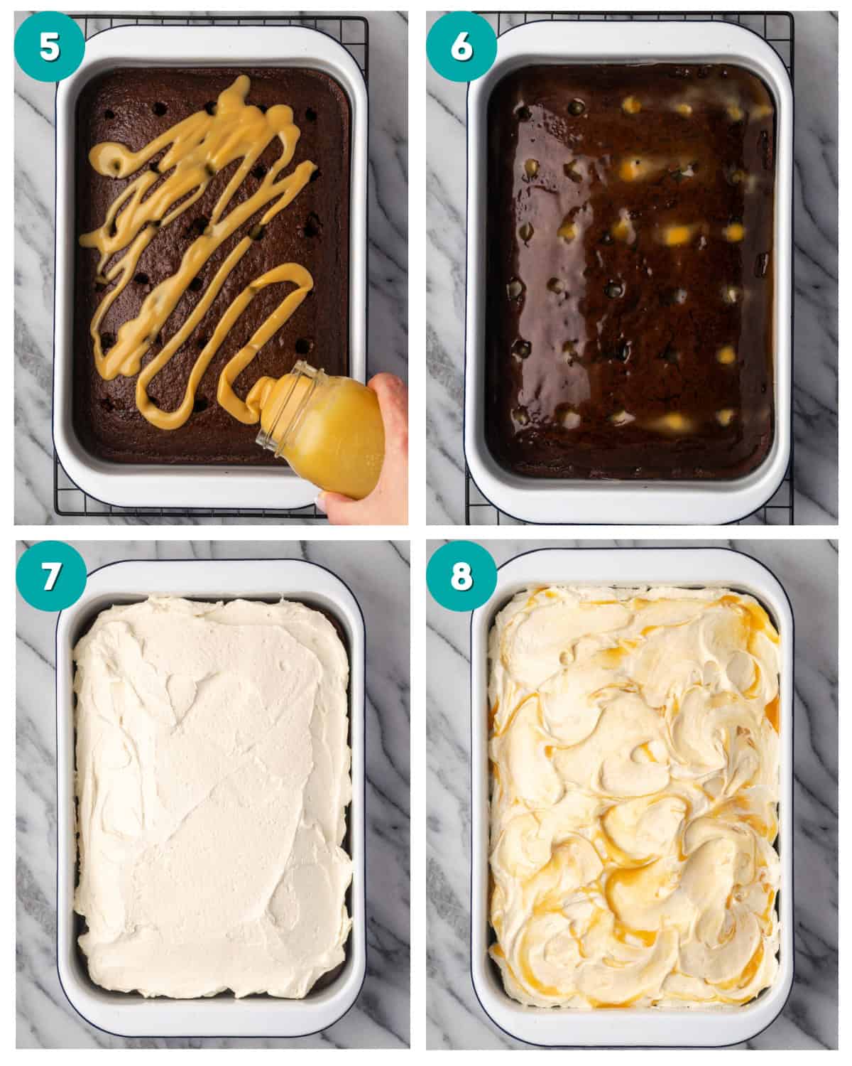 Step by step photos showing caramel being poured into the holes in the cake and the finished cake topped with frosting and caramel. 