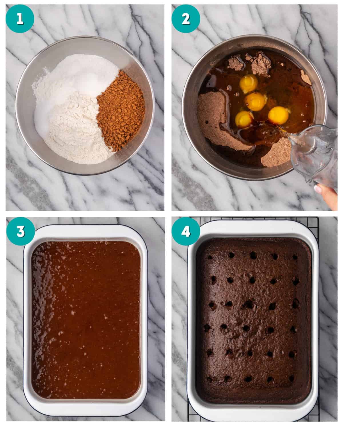 Step by step photos showing the chocolate cake being mixed in a metal bowl and poured into a baking pan. 