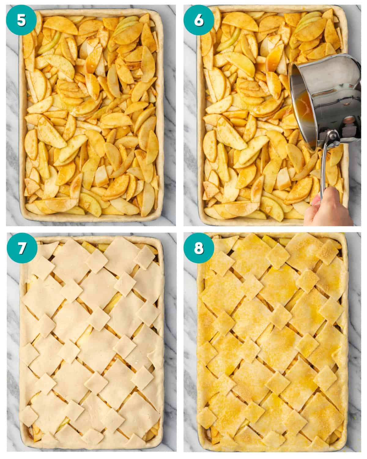 Step by step photos showing the apple pie filling and reduced cider being added to the bottom crust followed by a top crust of patchwork pie dough. 