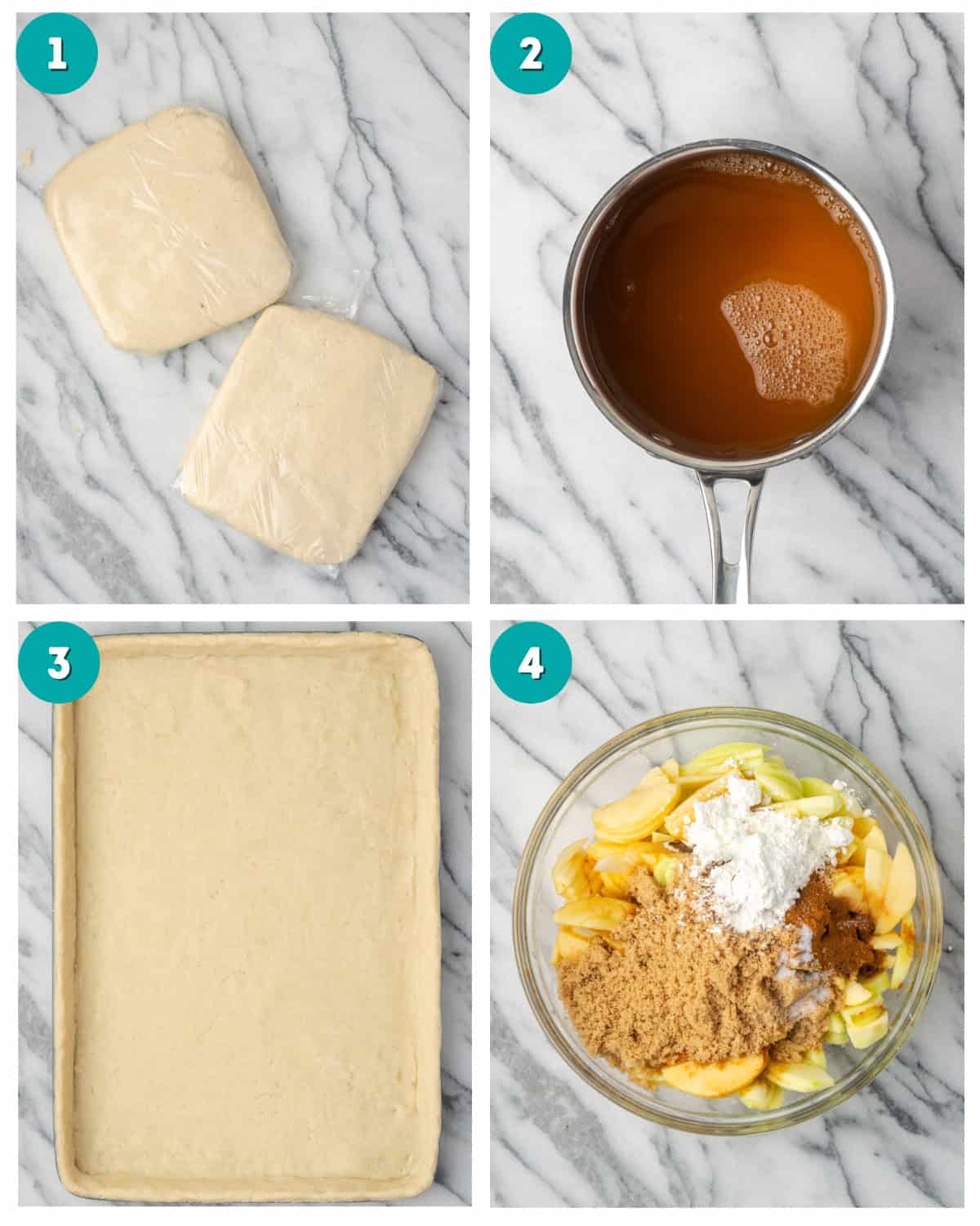 Step by step photos showing the cider being reduced, the pie dough lining the pan and the apple pie filling being mixed together.