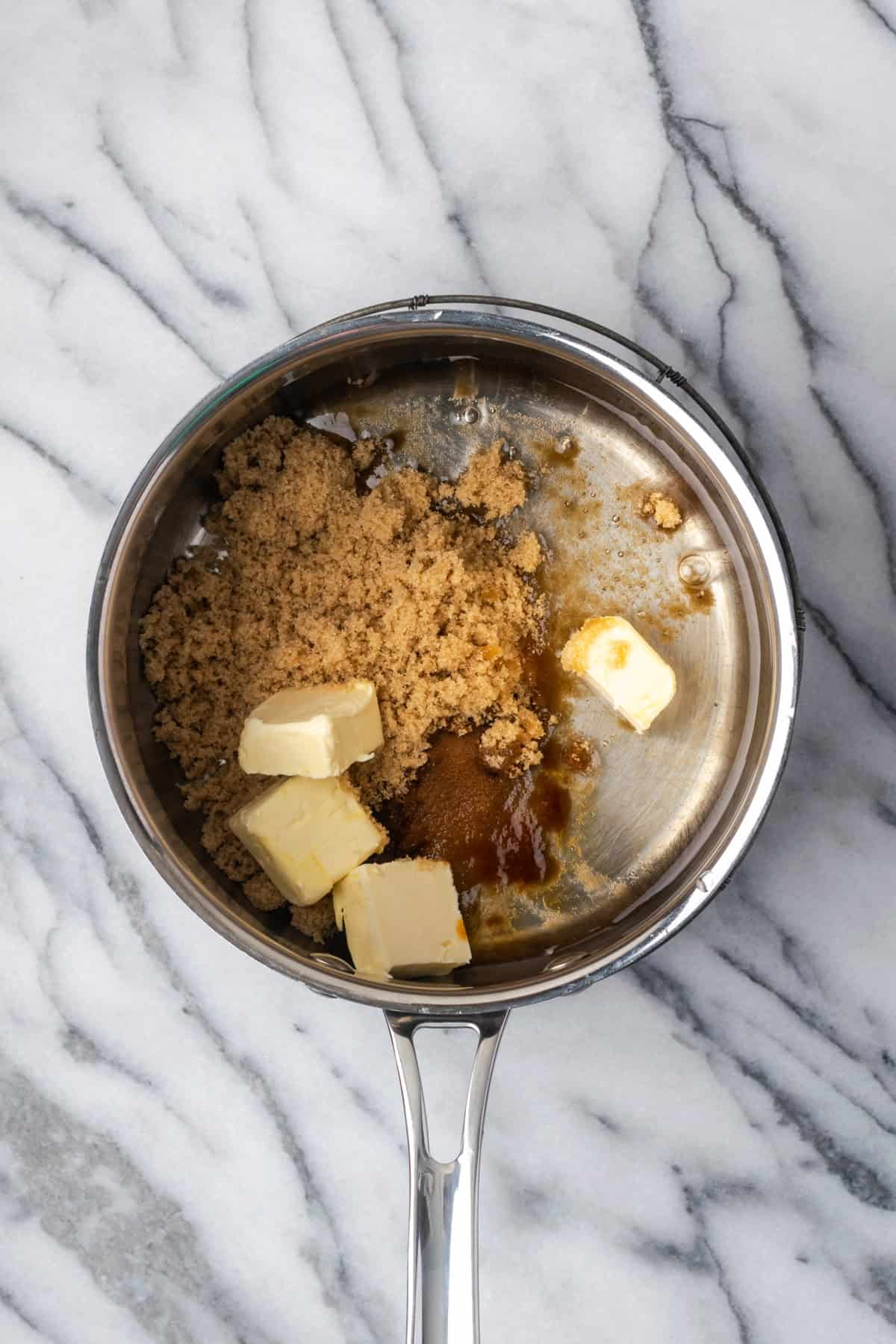 Brown sugar, corn syrup, butter, vanilla and salt combined in a medium saucepan.