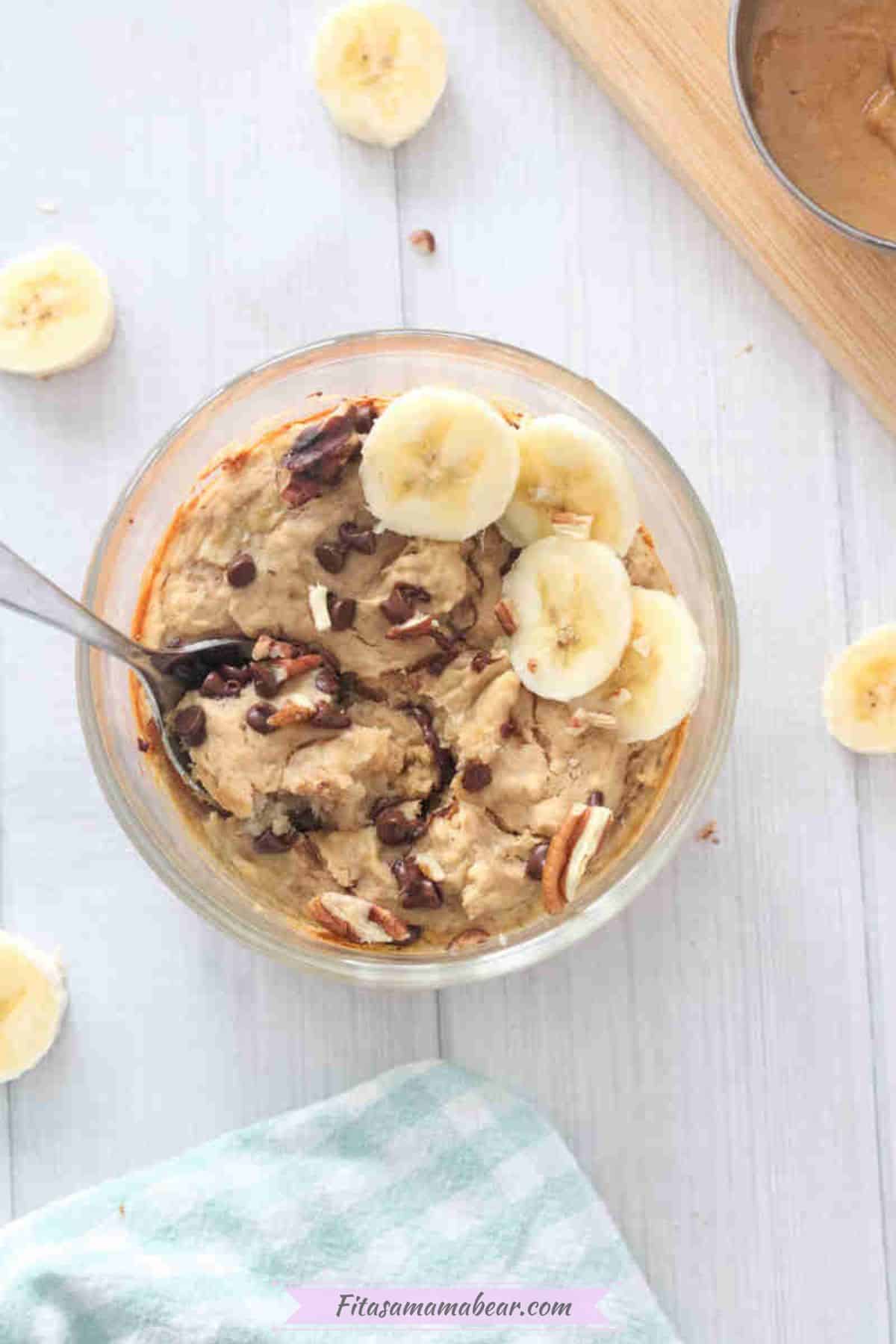 a single serve banana bread served in a small bowl.