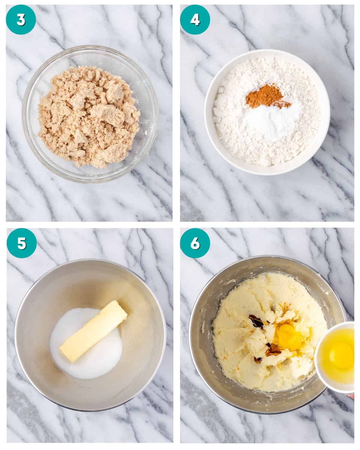 Step by step photos showing the crumble topping in a small bowl and the cake batter being mixed in a metal bowl.