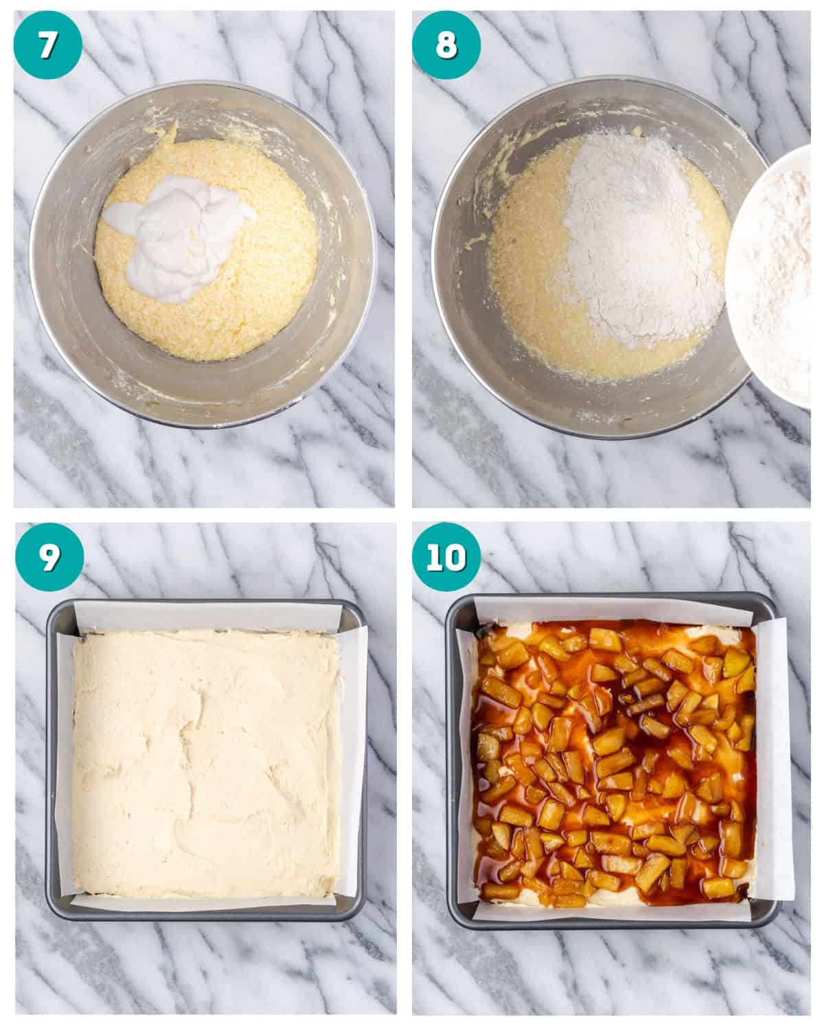 Step by step photos showing the sour cream and dry ingredients being added to the cake batter and the cake being prepared in the baking pan.