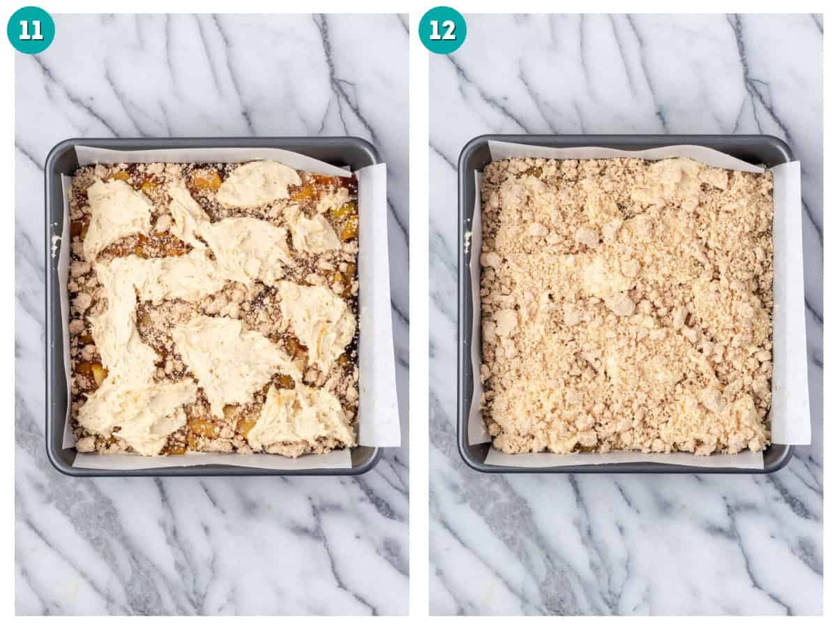 Two photos showing the unbaked coffee cake in a square baking pan.