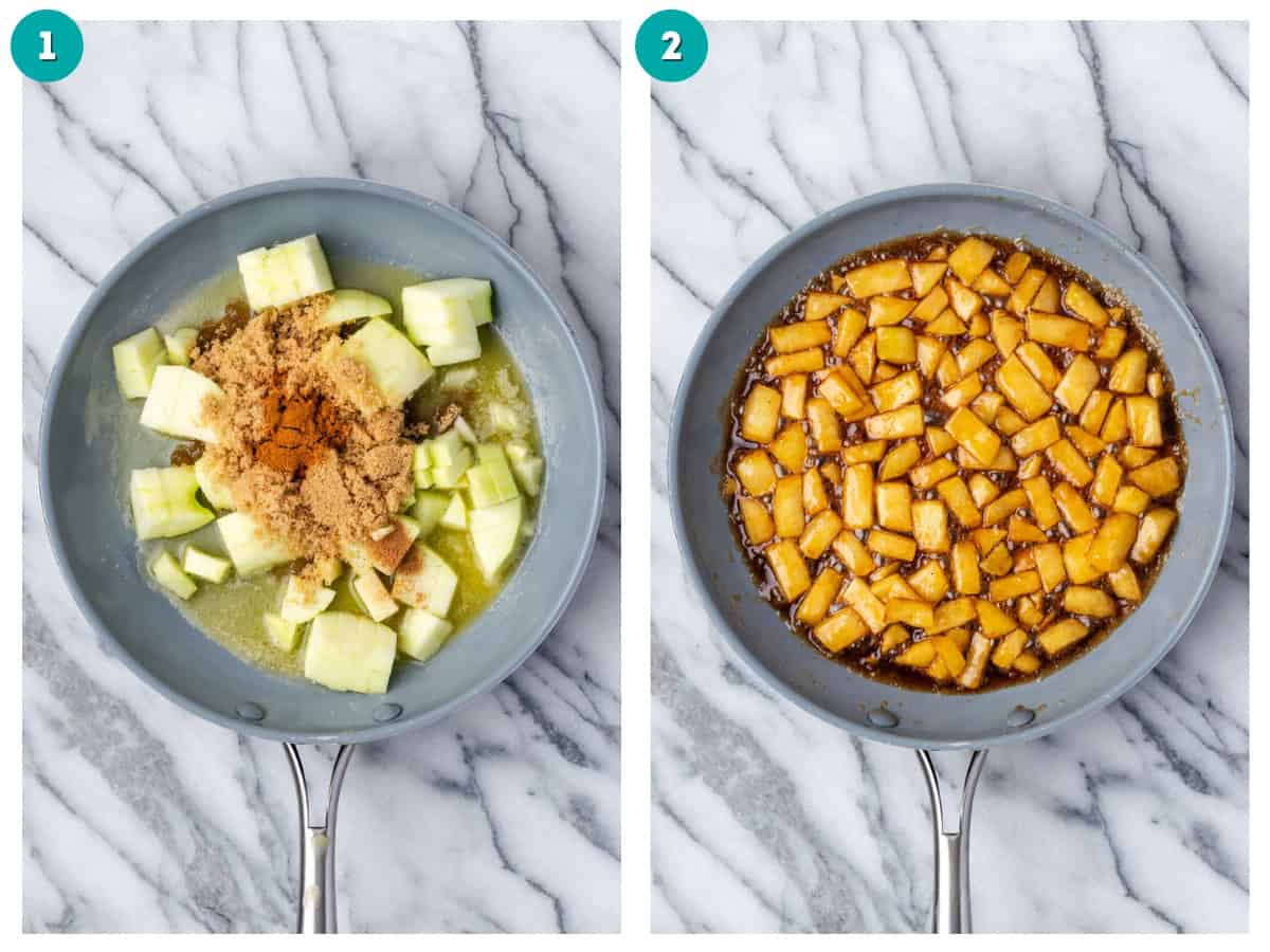 two photos showing the apple filling in a large skillet before and after cooking.