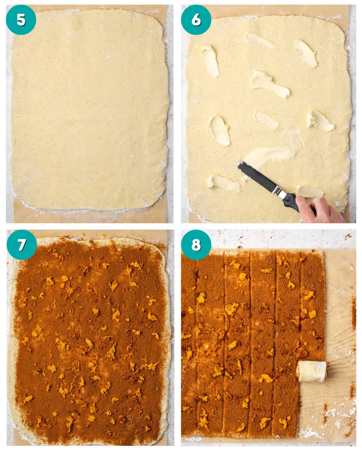 Step by step photos showing the orange roll dough being rolled out and the cinnamon orange filling added.