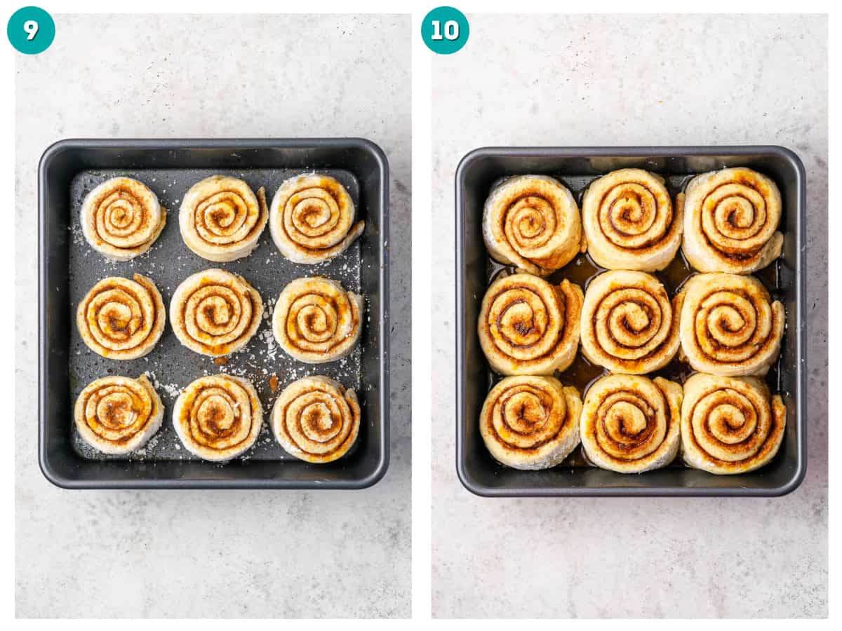 Side by side photos showing the orange rolls in the pan before and after proofing.