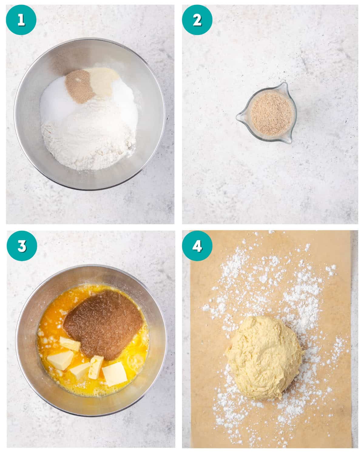 Step by step photos showing how to make the dough for orange cinnamon rolls.